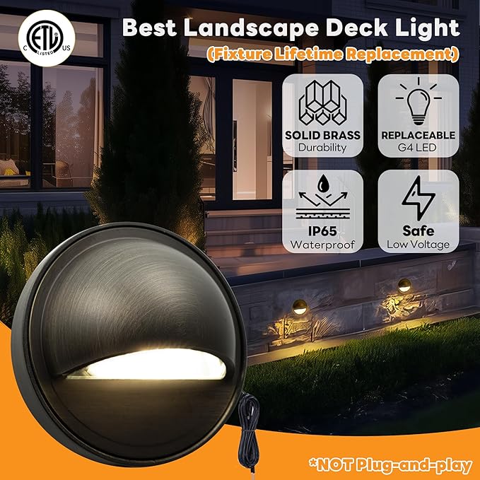 Gardenreet Low Voltage Deck Lights - Landscape Solid Brass Step Lights Outdoor, 12V LED Hardwired Waterproof, Round Bronze Lighting for Fence Wall Yard Stair Without G4 Bulb 8 Pack
