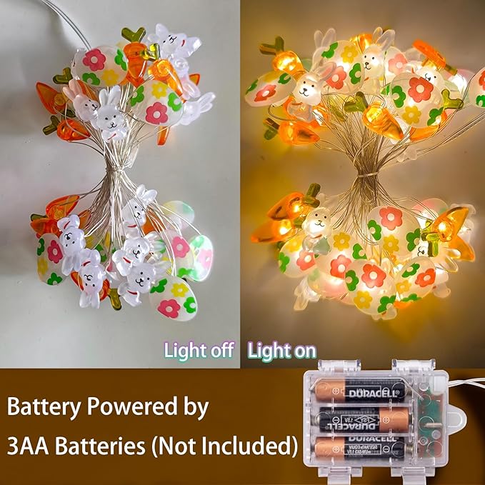 Easter Decorations Battery Operated 17Ft Bunny Carrot Egg String Lights 50 LED Fairy Lights with Timer, Spring Decor for Indoor Outdoor Home Mantel Tree Egg Hunt Party Easter Decoration