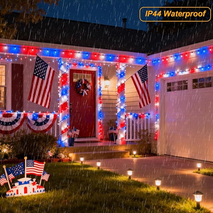 Pooqla 200 LED 66 FT 4th of July Decorations Lights, Red White Blue Patriotic String Lights, Outdoor Independence Day Fairy Lights 8 Modes Connectable for Home Yard Patio Party Decoration, Clear Wire