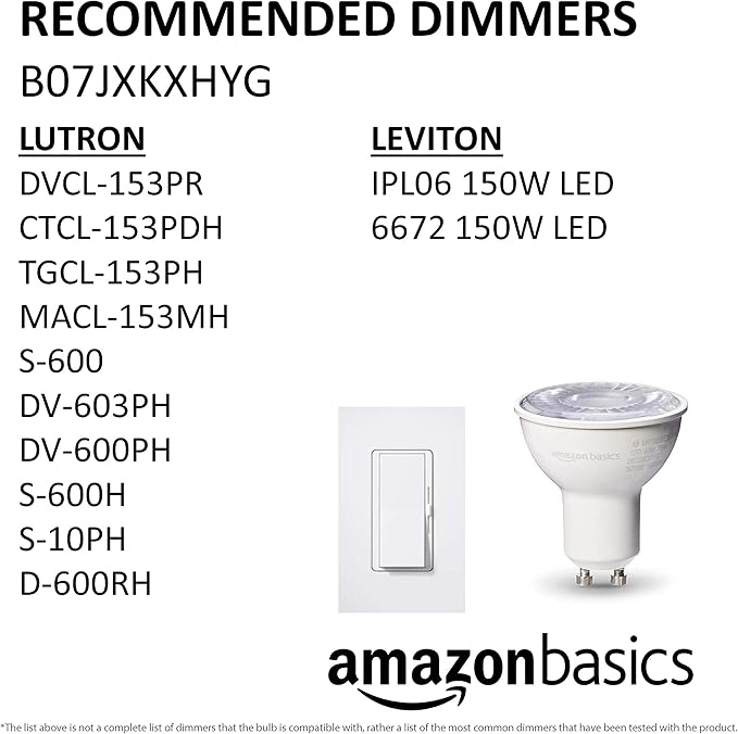 Amazon Basics MR16 LED Light Bulb, 50 Watt Equivalent, Energy Efficient 7W, GU10 Base, Daylight White 5000K, Dimmable, 10,000 Hour Lifetime , 6-Pack