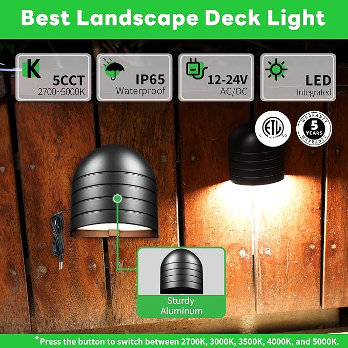 Low Voltage LED Step Lights - Warm White & Daylight White Selectable, Landscape 12V Deck Lights Outdoor, Hardwired IP65 Waterproof Aluminum Black for Wall Garden Handrail 12 Pack
