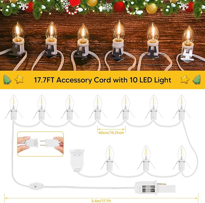 1Pack Accessory Cord with 10 LED Light Bulbs and Outlet - 17.7FT White Cord, Warm White C7 Lamp for Halloween and Christmas Village Accessories