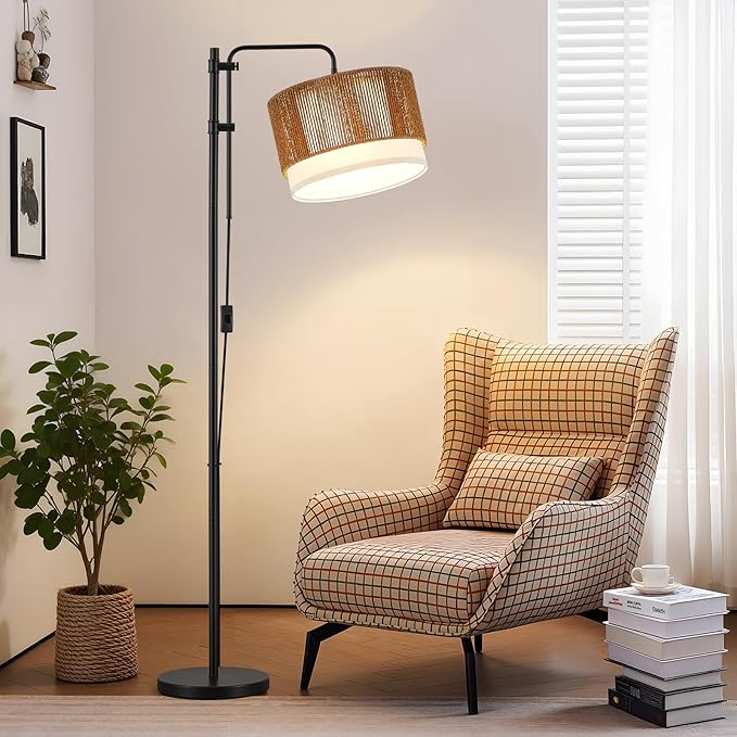GyroVu Rattan Floor Lamp for Living Room, 3 Color Temperatures LED Bulb Included, Farmhouse Boho Arc Standing Lamp, Handwoven Tall Lamps for Bedroom, Home Office, Corner