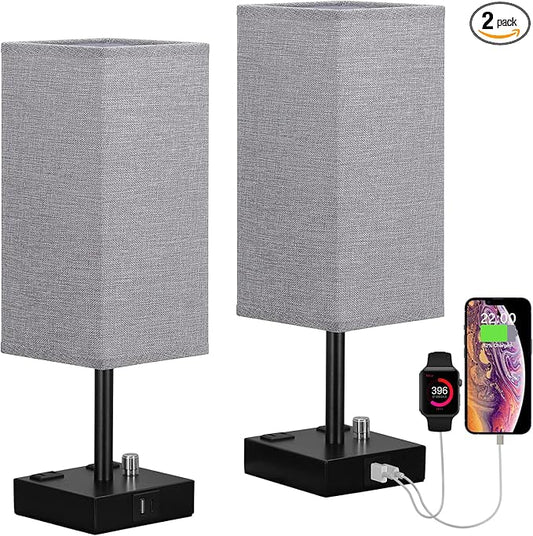 aooshine Gray Fully Dimmable Nightstand Lamps Set of 2 - Table Bedside Lamp with USB C+A Charging Ports & 2 AC Outlets, Square Lamp Sets Linen Fabric Shade for Bedroom Living Room(Bulb Included)