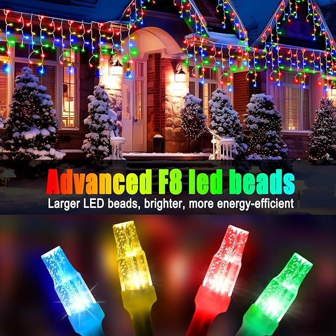Christmas Lights Outdoor, 98FT 900LED Ice Lights for Outside, Ice String Lights with 8 Modes, Waterproof Timer Memory Hanging Light for Eaves Party Yard Garden(Multicolor)