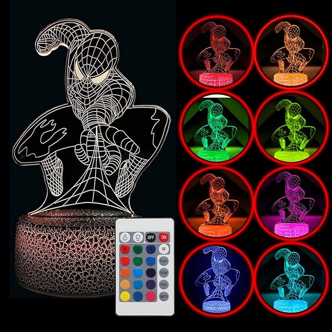 Spider Human Night Light 3D – 3D Illusion Optical Kids Night Lights for Bedroom 16 Colors with Remote 3D Illusion LED Light for Kids Spider Gifts Cute Desk Lamp Ideal Room Decor Gift