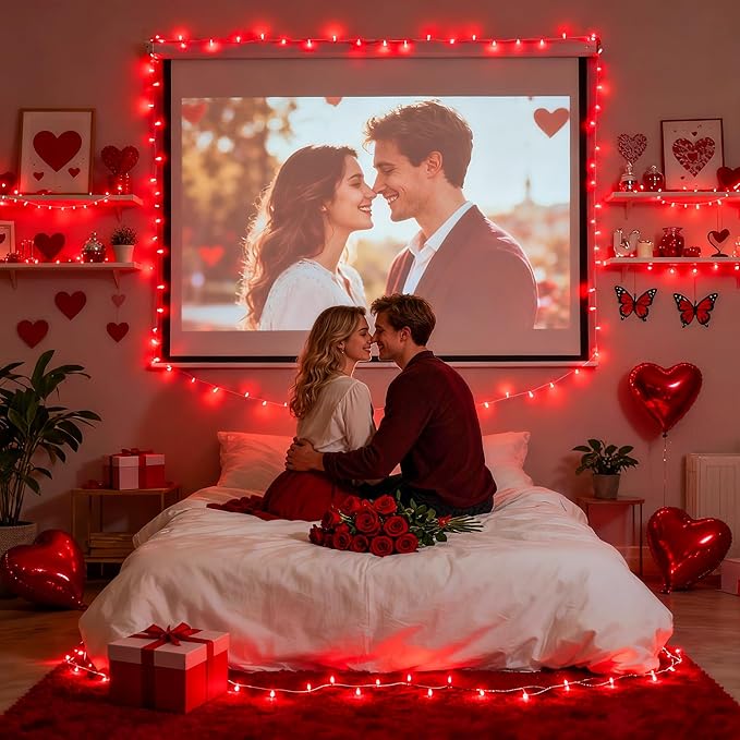 JMEXSUSS 33ft 100 LED Red Valentine Lights, Connectable 8 Modes Valentine Room Light Indoor Plug-in, Clear Wire Red Christmas String Light Outdoor Waterproof for Xmas Bedroom, Party