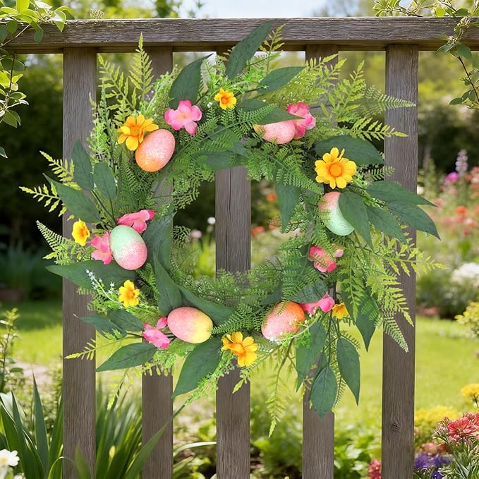 20 Inchs Spring Easter Wreath, Farmhouse Artificial Spring Wreath, Decor with Colorful Easter Eggs, Yellow and Pink Flowers & Green Eucalyptus Leaves, for Door Wall Window Fences