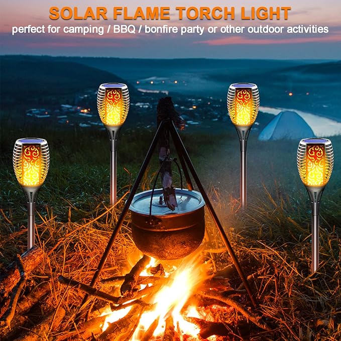 Solar Tiki Torches Outdoor Flickering Flame 4 Pack - Realistic Flaming Fire Effect Torch Lights, 3-in-1 Waterproof Detachable Hanging Lantern - Auto On/Off for Patio, Yard, Pathway Decor