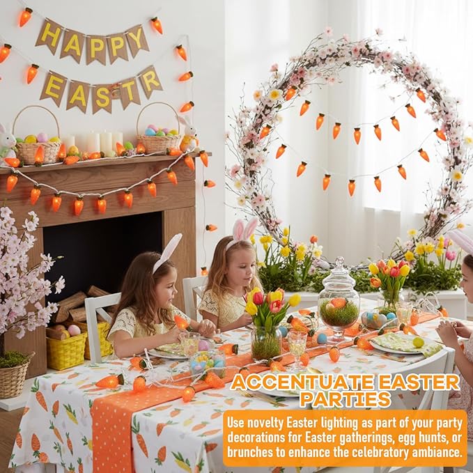 WILLBOND 2 Pack Easter Carrot Lights String 14.5ft 20-Count Orange Carrot Shaped Bunny Fairy Lights Battery Operated with 2AA Battery Box for Indoor Outdoor Easter Spring Party Decor