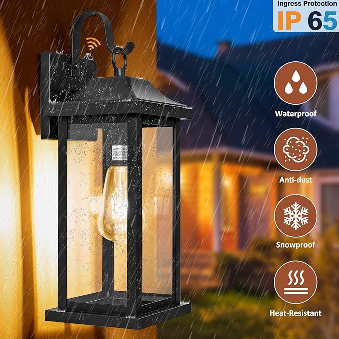 2-Pack Dusk to Dawn Large Outdoor Wall Lights 17 Inch, Exterior Light Fixtures Porch Lights Tempered Clear Glass, IP65 Waterproof Anti-Rust Outside Wall Sconces Matte Black Wall Lanterns