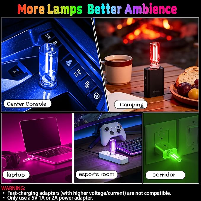USB Car Night Light,Touch Dimmable Mini LED Lights,Portable Retro Glass Bottle Decorative Lights for Car Interior, Bedroom,Hallway & Party Decor,4-Pack (2Purple&2Blue)
