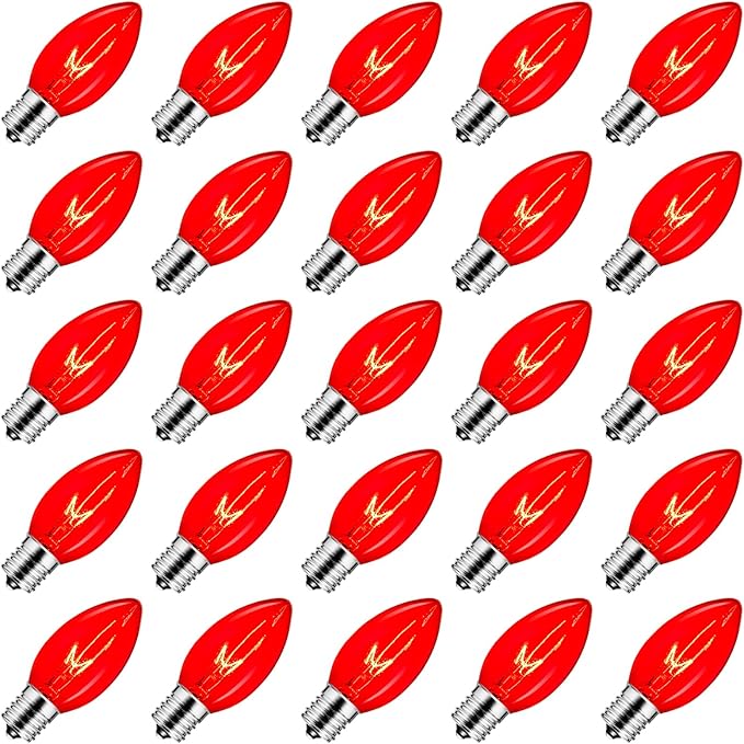 25 Pack C9 Incandescent Bulb Red, C9 Christmas Replacement Light Bulb for Christmas String Light, E17 Intermediate Base, 7 Watt, Red