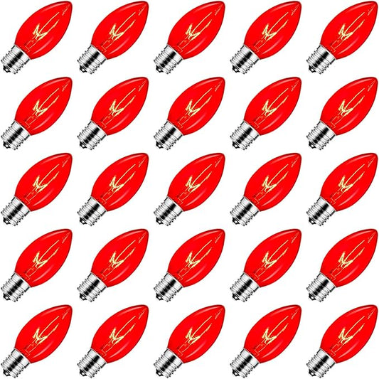 25 Pack C9 Incandescent Bulb Red, C9 Christmas Replacement Light Bulb for Christmas String Light, E17 Intermediate Base, 7 Watt, Red