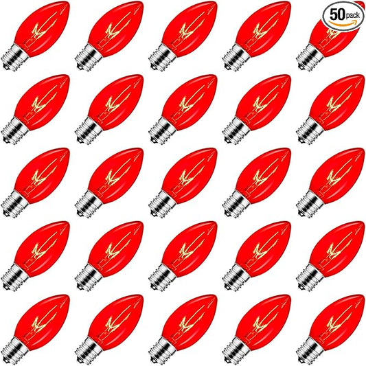 Brightown 50 Pack C9 Incandescent Bulbs, Christmas C9 Replacement Bulbs for Christmas String Lights, Christma Tree, Indoor Outdoor Holiday Decor, E17 Intermediate Base, 7 Watts, Red