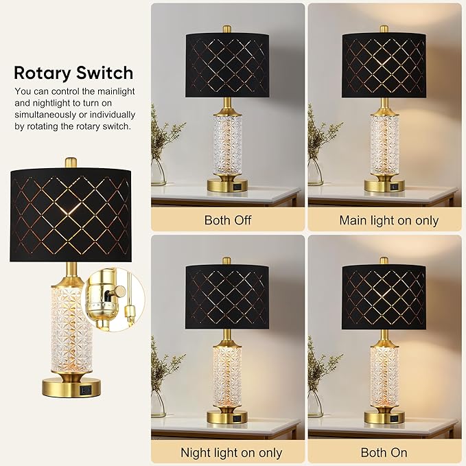 QiMH Set of 2 Table Lamps with USB A+C Ports, Black Grid Shade Modern Bedside Lamp with LED Night Light for Bedroom, Nightstand Lamps for Living Room Office, Gold(2 Bulbs Included)