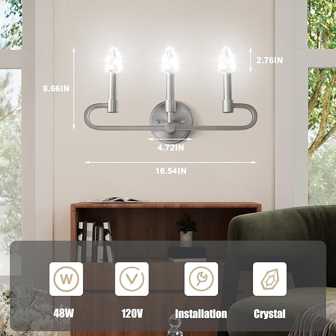 Farmhouse and Modern Bathroom Lighting Fixtures Over Mirror, 3 Light Brushed Nickel Bathroom Vanity Lights, Crystal Bathrooms Wall Sconces(Includes Bulb)