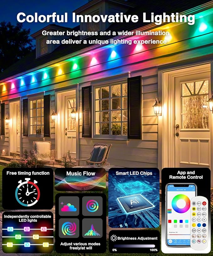 Permanent Outdoor Lights for House,100ft 60 RGB+IC Smart Outdoor Decor, 50 Scene Modes, App/Remote Control, IP67 Waterproof, for Christmas, Holiday, Daily & Pool Party Decor
