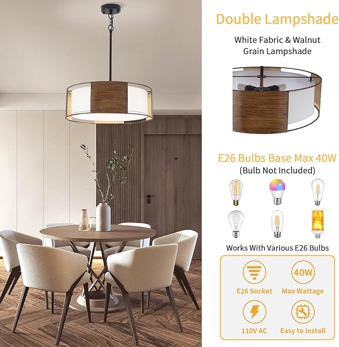 19.7'' Farmhouse Drum Chandeliers for Dining Room, 4 Light 2-Layer Shade Chandelier Large Round Pendant Light Fixtures, Modern Light Fixture for Dining Room Kitchen Island Living Room Bedroom