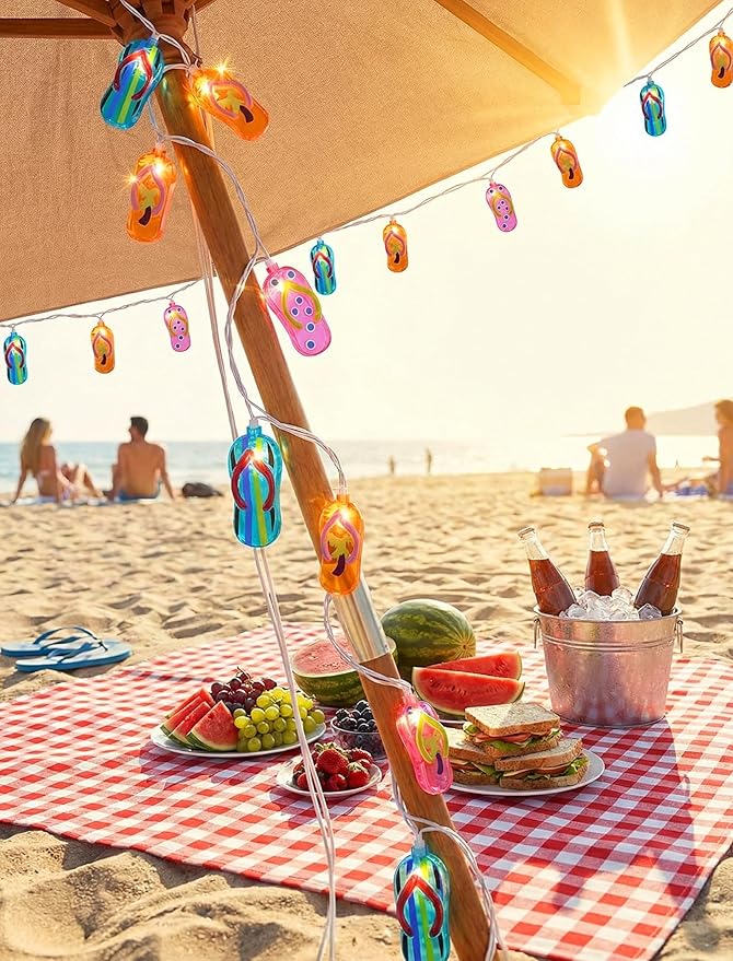 Multicolor Beach Flip Flop String Lights, 8.5Ft Beach Themed Outdoor Party Lights with 10 Multicolor Slipper Lights, Summer Ocean Decorations String Lights for Bedroom Camping Decks Party Lighting