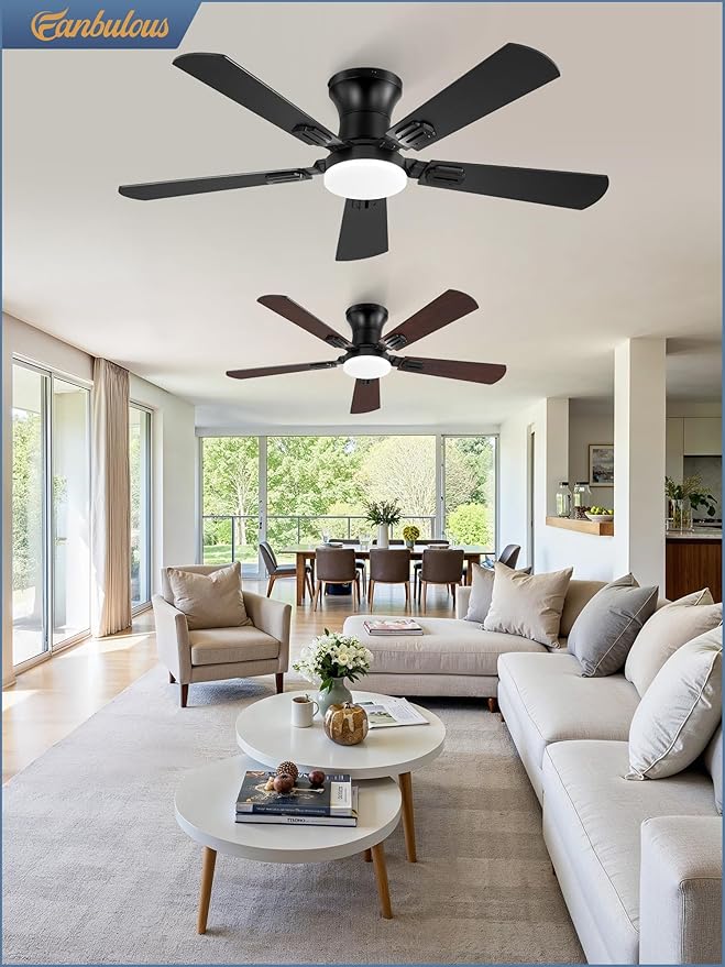 Fanbulous 42 Inch Ceiling Fans with Lights and Remote, Low Profile Indoor Black Ceiling Fan with 6 Speeds & 3CCT, Flush Mount, Dual-Finish 5 Blades,Quiet DC Motor for Living Room Bedroom(2 Pack)