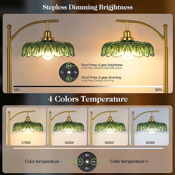 Gold Floor Lamp for Living Room, Dimmable Mid Century Modern Standing Lamp with Remote Control and Green Glass Shade, 68" Tall Lamp for Bedroom, Vintage Retro Antique Glass Flower Lamp, Brushed Gold