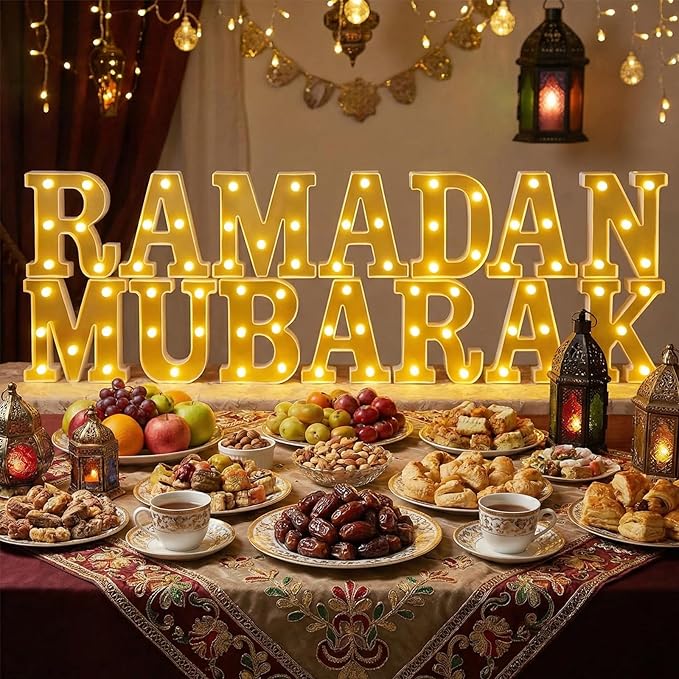 Ramadan Mubarak Large LED Lights Mirror-Effect Letter Lights Battery Powered Eid Mubarak Decorations for Party Decorations Indoor Outdoor