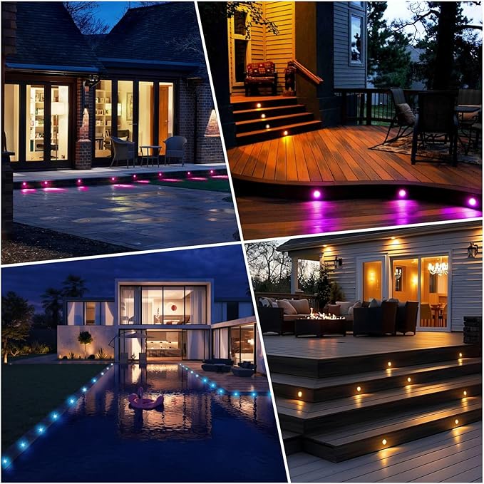 FVTLED LED Deck Lights Kit, 10pcs Φ1.22 WiFi Smart Phone Control Low Voltage Recessed RGBW Deck Lighting Waterproof Outdoor Yard Path Stair Decor, Black