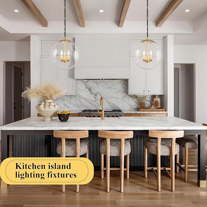 KoKo&Yukina 13.7" Gold Globe Pendant Light Mid Century Pendant Light Clear Glass Pendant Lights Kitchen Island Adjustable Hanging Light Fixture for Dining Room Bedroom Kitchen Island