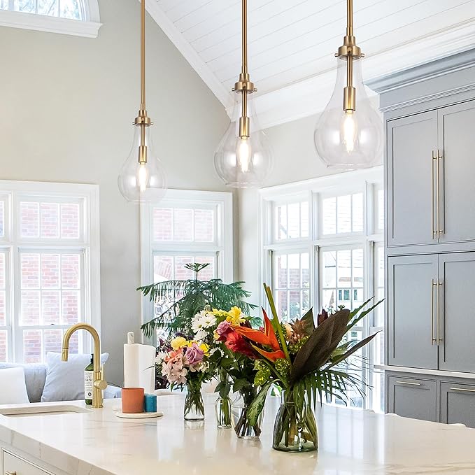 KSANA Gold Pendant Light, Modern Brass Hanging Light Fixture with Clear Glass Teardrop Shade, Adjustable Ceiling Light for Kitchen Island, Dining Room, Foyer, or Bedroom