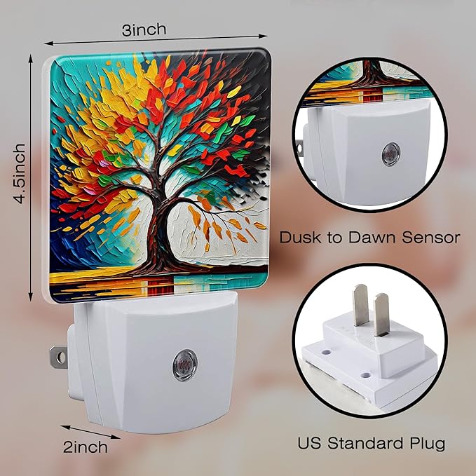 Colorful Life Tree Night Light Plug into Wall, Abstract Modern Artwork Oil Painting Dusk to Dawn Night Light Plug in,0.5w Energy Saving Sleep Friendly NightLight for Kids Boys Girls Home Decor