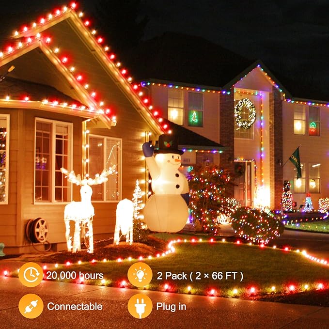 Brightown C9 LED Christmas String Lights, 2 Pack Total 132ft 200LED Outdoor Lights String, Plug-in Connectable Waterproof Roofline Lights String for Outside Yard Christmas Holiday Decor