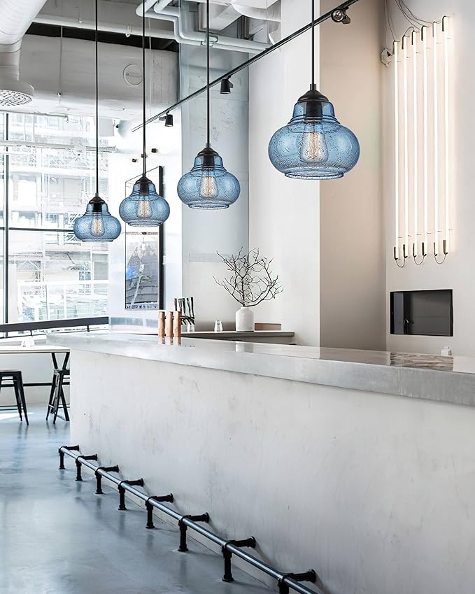 ELYONA 2 Pack Bubble Glass Pendant Lights 8 inch Modern Blue Hand Blown Globe Glass Pendant Lighting Hanging Light fixtures for Kitchen Island Dining Room Bar Bedroom Living Room