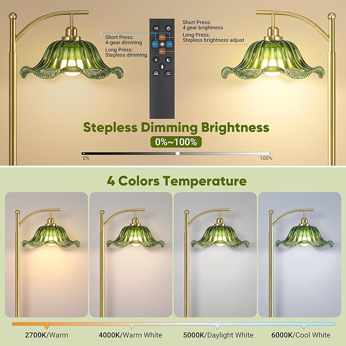 Gold Floor Lamp for Living Room, Dimmable Mid Century Modern Standing Lamp with Remote Control and Green Glass Shade, 68" Tall Lamp for Bedroom, Vintage Retro Antique Glass Flower Lamp, Brushed Gold