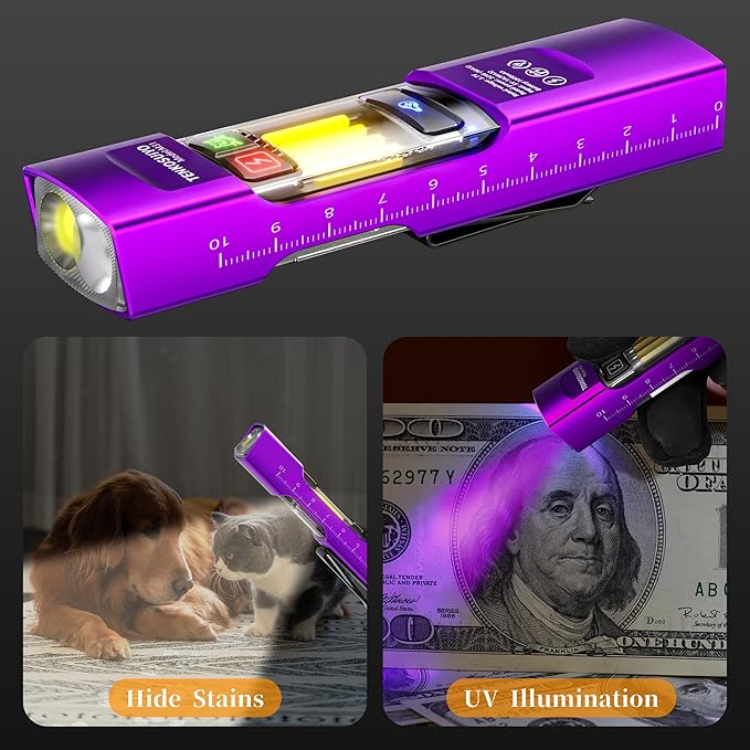 Rechargeable Flat Flashlight 680 Lumens Magnetic Clip On Hands Free Light for Car Repair Camping Emergency (Purple)