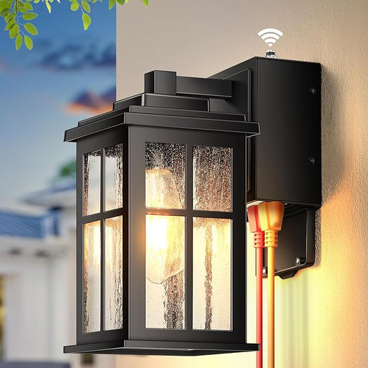 Gleamz Outdoor Porch Light with Outlet GFCI, Modern Black Exterior Lighting Fixtures Wall Mount for House Garage Coach, Waterproof Dusk to Dawn Outdoor Wall Lanterns Sconce, Outside Light with Outlet