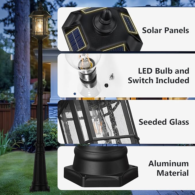 Emliviar 82" Solar Street Lamp Outdoor, LED Dusk to Dawn Pole Solar Light with Remote Control, Waterproof Post Lighting with Seeded Glass, A2202110PL-SL BK