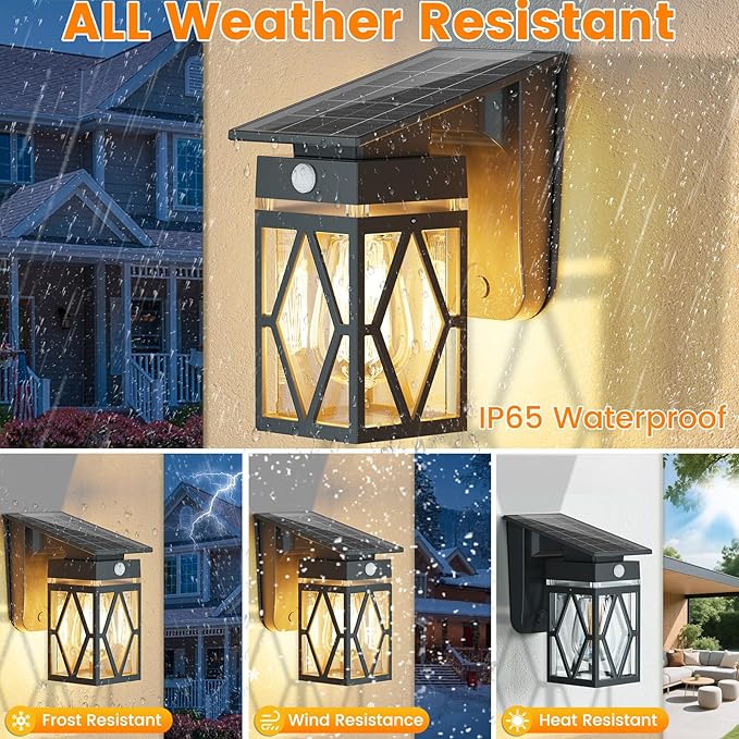 4 Pack Solar Porch Lights Outdoor, Dusk to Dawn & Motion Sensor Solar Wall Light with Lantern Shape, 3 Modes IP65 Waterproof, E26 Bulb Exterior Sconce for Front Porch, Garage, Patio Security