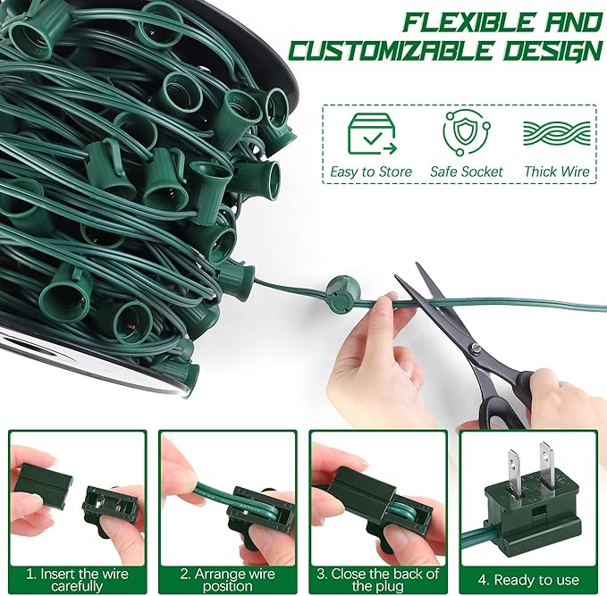 Fovths 100 Ft C9/E17 Christmas Light Sockets Set Outdoor UL Listed String Light Include 100 E17 Socket with 100 Clips, 10 Female Male Plug, Stringer Spool Christmas C9 Green Wire for Patio Event Decor