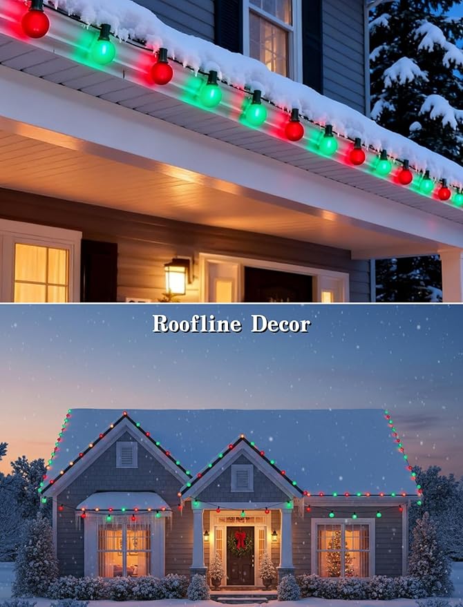 50Ft Outdoor Frosted Red and Green Christmas Lights,G40 Globe Patio Christmas Lights with 25 Red and Green Bulbs(2 Spare),Vintage Hanging Xmas for Tree Garden Porches Holiday
