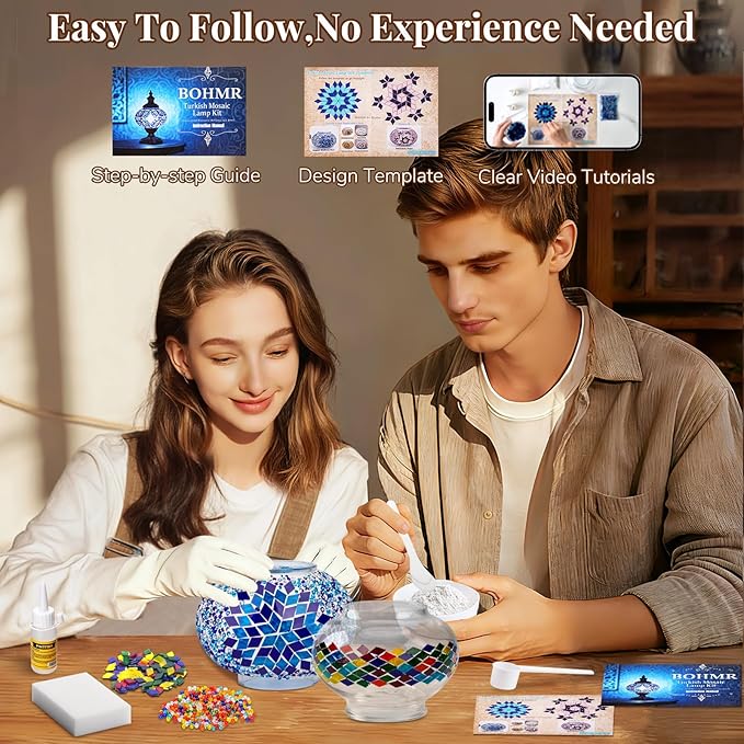 DIY Turkish Mosaic Lamp Kit, Stained Glass Table Lamp Making Kit- Easy and Fun, No Experience Needed, Mosaic Art & Craft Project Kits for Adults & Teens, Make Your Own Table Lamp,Blue