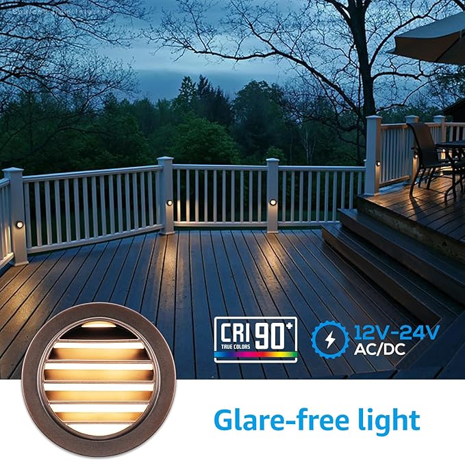 LEONLITE Low Voltage LED Deck Lights, 3W CRI90 12-24V AC/DC Landscape Step Stair Railing Light, IP65 Waterproof Aluminum Surface Mount Louvered Stair Light, 3000K Warm White, Bronze, Pack of 6