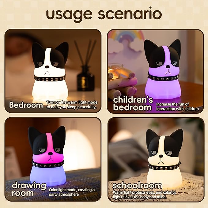 Led Cute Frenchie Night Light, Dimmable Nursery Kawaii Lamps, Super Squishy Silicone USB Rechargeable Touch Control Bedside Lamp, Used for Camping Party Room Decor(Frenchie)