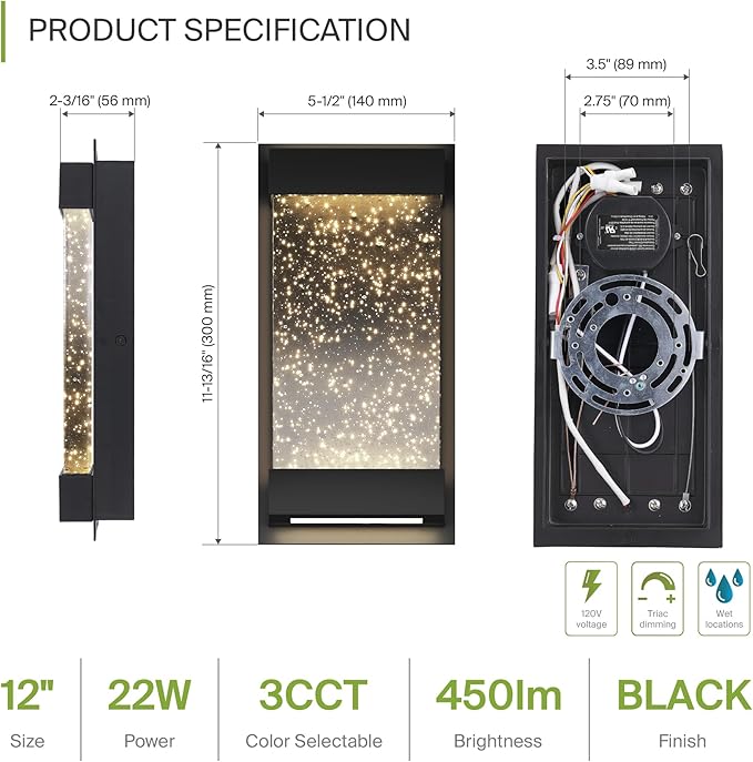 ASD LED 12" Bubble Glass Wall Light Fixture, Outdoor & Indoor Seeded Sconce | 3CCT, Waterproof, Dimmable, Up-Down Glow, ETL Listed | 22W 500LM 3000-5000K 120V | Exterior Porch Lighting | Black