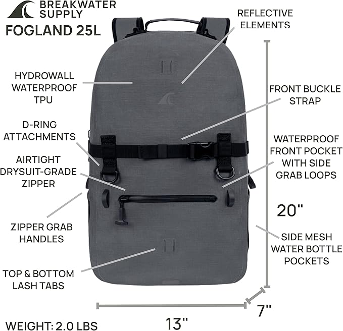 Breakwater Supply™ Waterproof IP68 Submersible Backpack with Airtight Zippers | Laptop Travel Outdoors | Fogland 25L 20L 15L | 100% Waterproof, Submersible, Airtight Zippers, Travel Outdoors