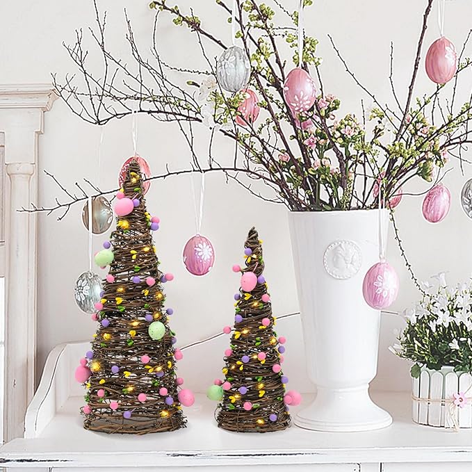 CRCZK 2PACK Easter Rattan Table Tree Decor Lighted Easter Decorations Table Centerpieces Decor Artificial Tree with Led Lights,Eggs&Berries Spring Decorations for Home