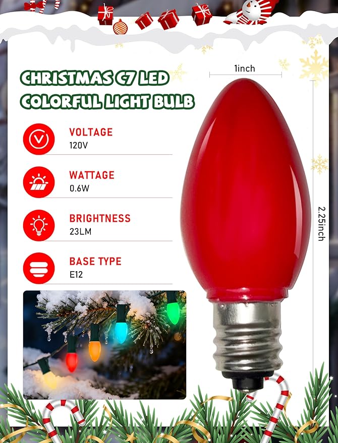 25 Pack C7 Replacement Light Bulbs, Vintage Multicolor Baked 0.6w LED Christmas Bulbs for Christmas String Lights, E12 Candelabra Base, Colorful Ceramic Light for Xmas Tree Patio Indoor Outdoor Decor