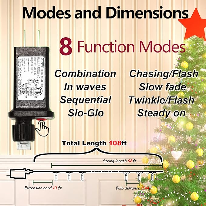 ILLUMINEW 300 Led Red Green String Lights Outdoor Waterproof Christmas Decorations, 108 Ft Fairy Lights for Bedroom, 8 Modes Plug in Christmas Lights for Outside Room Decor