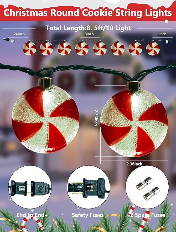 8.5Ft Christmas Candy String Lights, Old Fashioned Christmas Decorations Lights with 10 Red White Peppermint Candy Light Bulbs, Vintage Candy Ornaments Light for Xmas Tree Outdoor Indoor Party Decor
