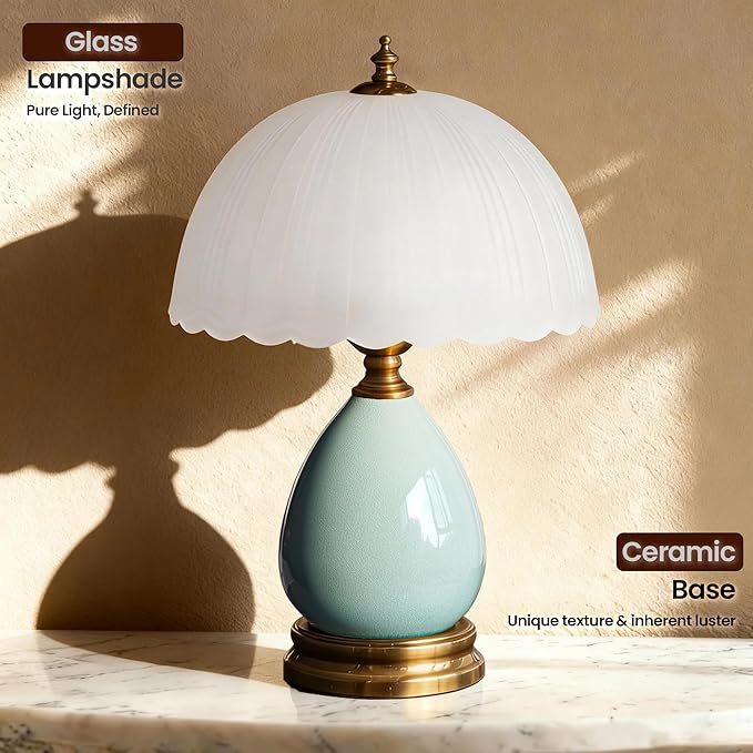 Decorative Ceramic Table Lamp with Frosted Glass Shade, Small Bedside Nightstand Lamp with Dimmable Light, 6ft Cord, E26 Bulb Included for Bedroom & Living Room